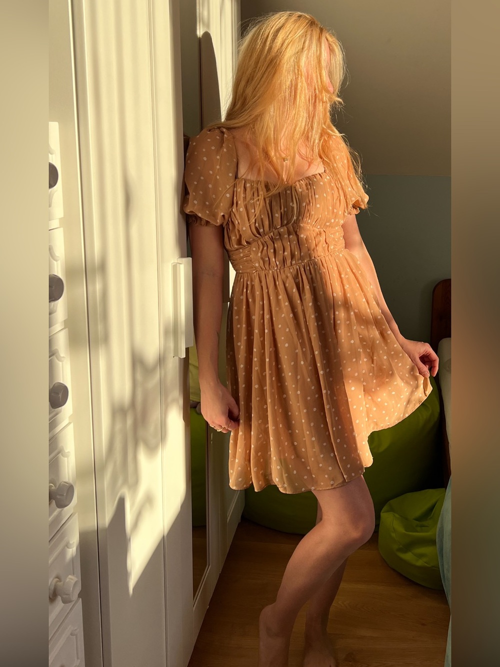 Abercrombie & Fitch Tan Polka Dot Puff-Sleeve Midi Dress